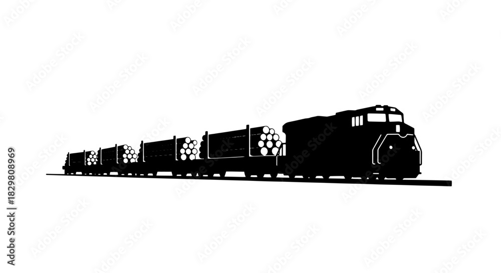 Obraz premium Locomotive train carrying logs a vector illustration in silhouette for transportation and freight concepts