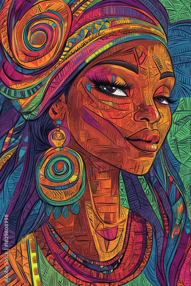 Fototapeta premium Colorful abstract portrait of African woman with traditional headscarf and jewelry