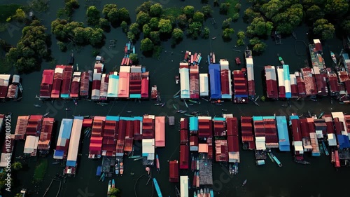Kampong Phluk floating village with stilt houses on Tonle Sap lake in Cambodia.