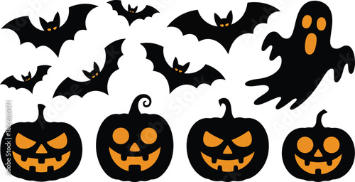 A collection of spooky black bat silhouettes flying above carved orange and black pumpkins with a ghost