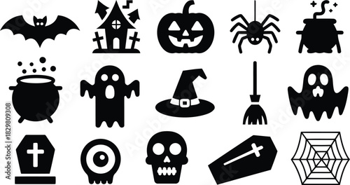 A collection of spooky Halloween icons including a bat, ghost, pumpkin, and spiderweb for celebrations