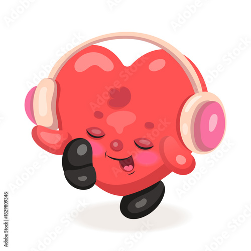 Cute heart character listening to music with pink headphones.