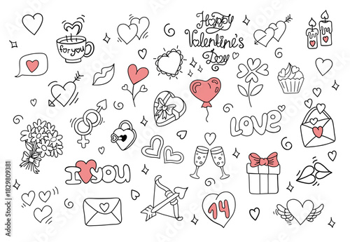 Romantic valentine?s day doodles: hearts, gifts, balloons, and love symbols theme.