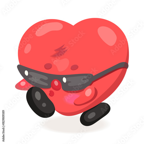 Cool heart character with sunglasses on white background.