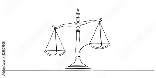 Continuous one line of a balanced scale symbolizing justice and fairness, human rights theme, draw vector illustration.