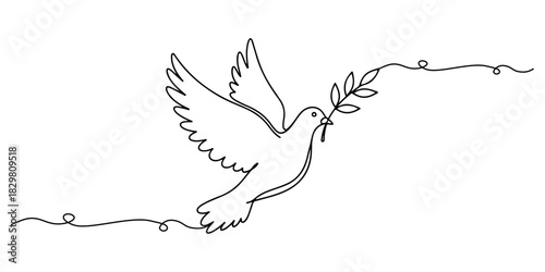 Continuous one line of a dove carrying an olive branch symbolizing peace and human dignity, human rights theme, draw vector illustration.