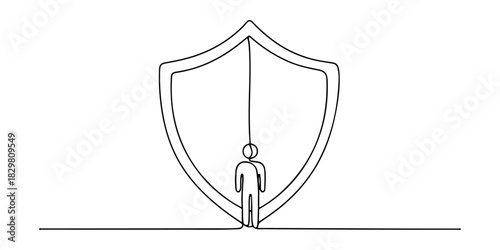 Continuous one line of a shield protecting a small figure symbolizing safety and human protection, human rights theme, draw vector illustration.