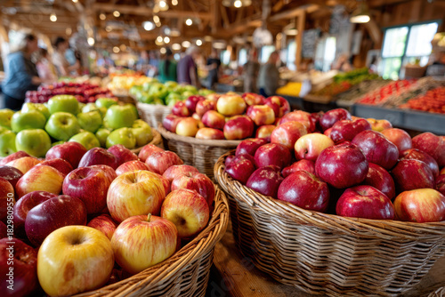 Local farmers market showcases colorful varieties of apples and fresh produce in vibrant setting