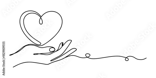 Continuous one line of a heart intertwined with a hand symbolizing compassion and humanitarian care, human rights theme, draw vector illustration.