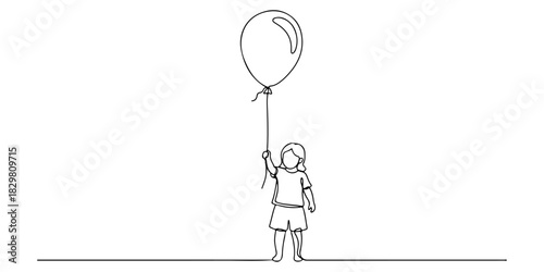 Continuous one line of a child holding a balloon symbolizing children's rights and hope, human rights theme, draw vector illustration.