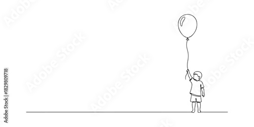 Continuous one line of a child holding a balloon symbolizing children's rights and hope, human rights theme, draw vector illustration.