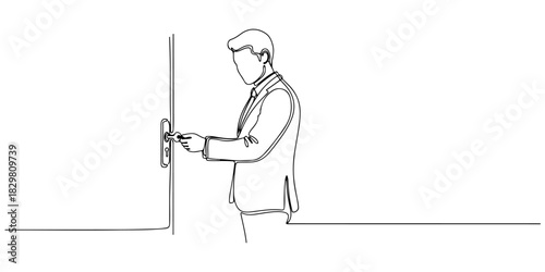 Continuous one line of a person unlocking a door symbolizing freedom and opportunity, human rights theme, draw vector illustration.