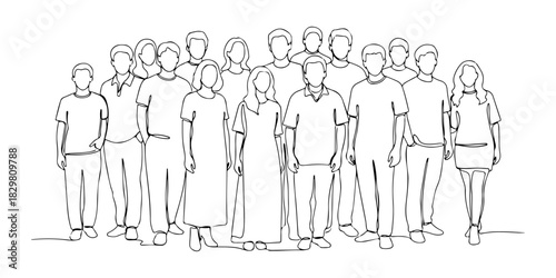 Continuous one line of a group of diverse figures standing together symbolizing inclusion and equality, human rights theme, draw vector illustration.