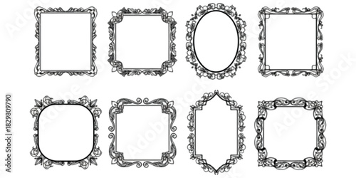 Collection of eight elegant vintage ornamental frames and borders isolated on white background