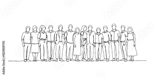 Continuous one line of a group of diverse figures standing together symbolizing inclusion and equality, human rights theme, draw vector illustration.
