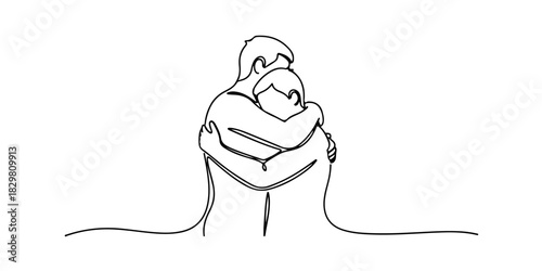 Continuous one line of a two people embracing symbolizing support and social care, human rights theme, draw vector illustration.