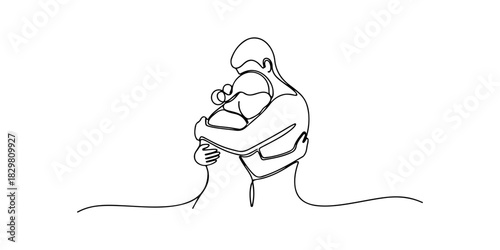 Continuous one line of a two people embracing symbolizing support and social care, human rights theme, draw vector illustration.