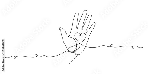 Continuous one line of an open hand with a heart symbolizing anti-violence and compassion, human rights theme, draw vector illustration.