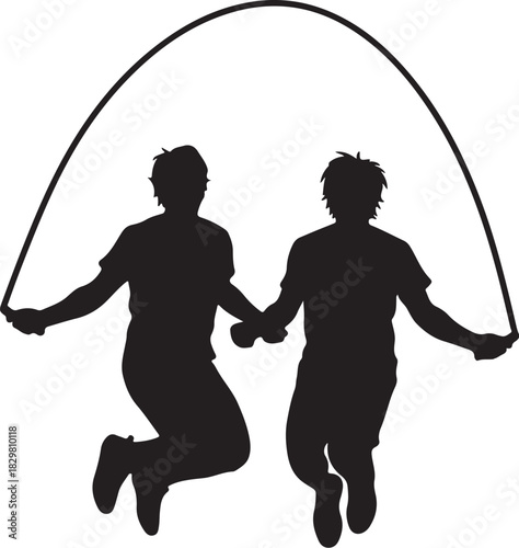 Two people jumping rope together, silhouettes showing teamwork, sport, and playful activity.