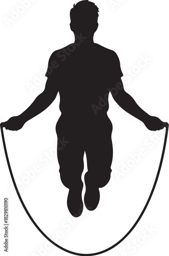 Black silhouette of a man actively skipping rope, performing dynamic fitness workout jump training exercise.