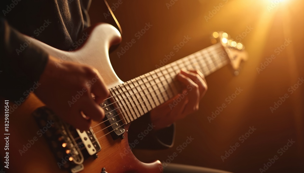Obraz premium Person plays electric guitar with passion, fingers expertly press strings. Hands move on fretboard, creating rich melody. Warm golden light shines on instrument, musician. Close up shows detailed
