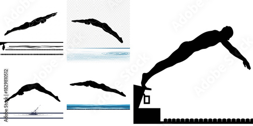 Black silhouette of a swimmer diving with streamlined posture, dynamic aquatic motion, minimal pool scene, transparent background.svg
