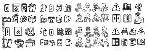 Safety equipment and warning icon set in black line