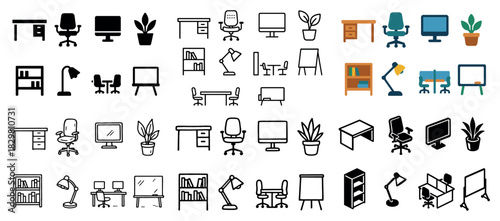 Office furniture and equipment illustrations collection