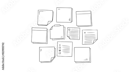 Vector of reminder sticky notes, hand-drawn line art, simple memo squares with folded corners, isolated on white background, clean minimalist style, stock vector