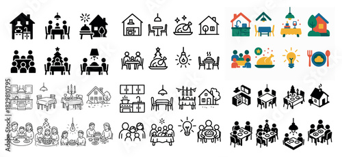 Diverse family dining scenes in iconic designs