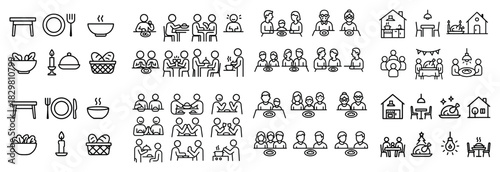 Minimalist line art of dining and home scenes