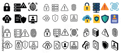 Cybersecurity icons with locks, shields, and alerts