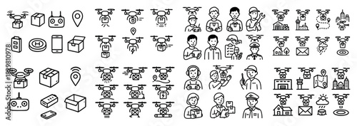Drone delivery icons set with people and packages
