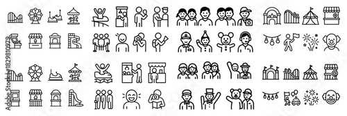 Amusement park icon set: rides, food, people
