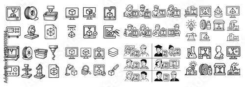 3d printing icons collection in black and white