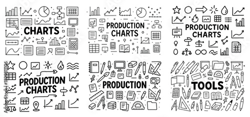 Production charts and tools doodle set