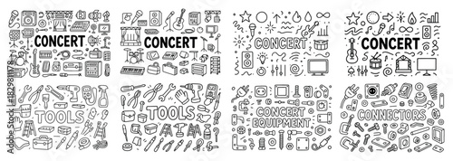 Music and tool equipment doodle art collection