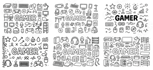 Gamer doodles: consoles, headsets, monitors, keyboards