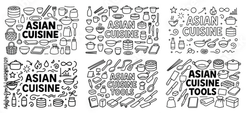Asian cuisine tools outline set