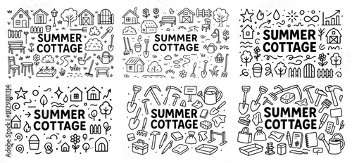 Summer cottage doodle art set with various elements