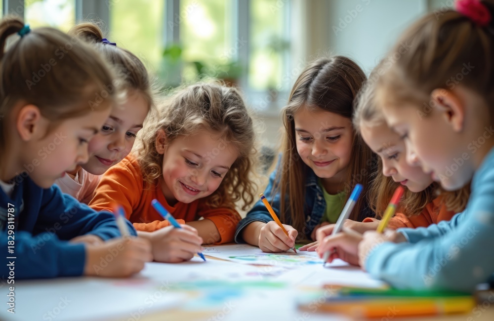 Fototapeta premium Diverse group of cheerful young children draw, color together at large table. Happy elementary school girls enjoy creative art project in classroom. Young students collaborate, learn, fun with