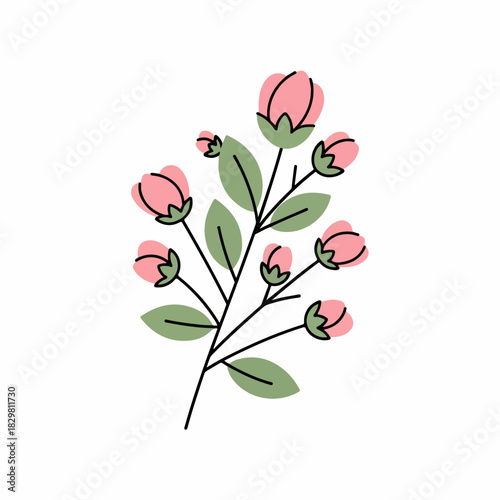 Minimalist Blossom Branch Illustration with Pastel Pink Buds and Green Leaves