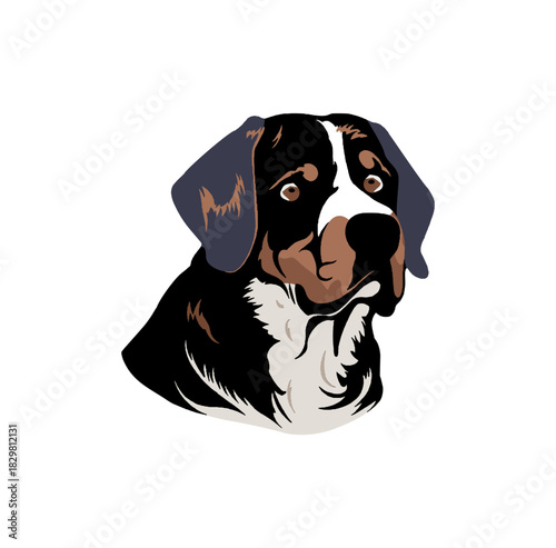 Bernese Mountain Dog head portrait. Swiss Berner Sennenhund puppy. Flat vector illustration isolated on a white background.