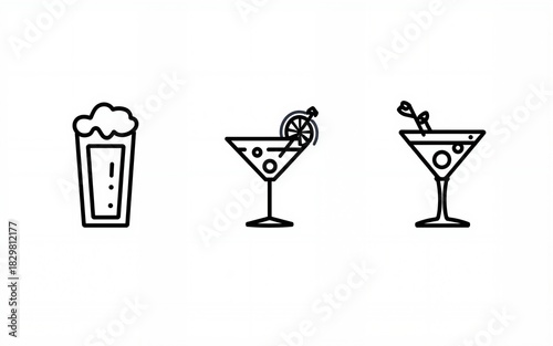 Alcoholic cocktails icons set. Simple outline cocktails icons isolated on white background. Set includes beer, mojito, whiskey. Icons set for restaurant, pub, bar. Vector illustration. High quality