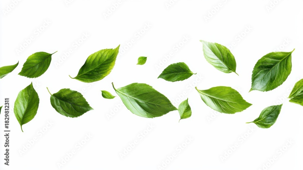 Fototapeta premium Flying green leaves isolated white background nature photography outdoor scene aerial perspective artistic concept
