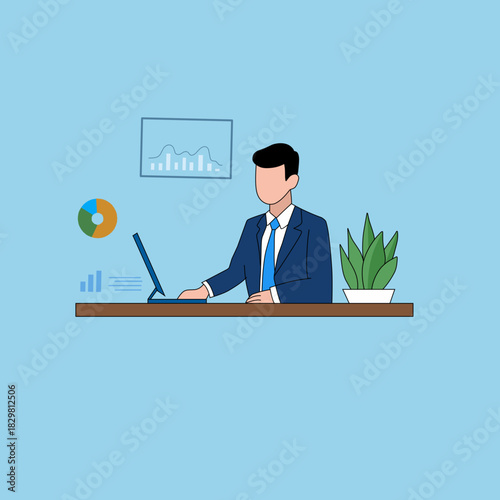 Man works on laptop, attracts new customers, makes ad mailing. Vector illustration of people characters activities.