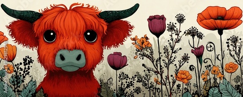 Highland cow and flowers