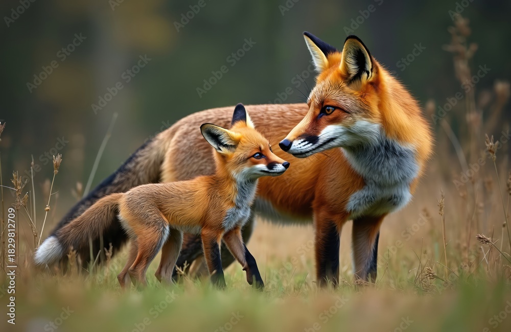 Obraz premium Mother red fox with young cub standing in grassy field during daytime. Adorable wild animals interacting closely in natural habitat. Cute wildlife pair exploring outside forest edge in warm light.