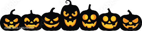 A horizontal line of seven spooky black Halloween pumpkins with glowing orange carved faces isolated on white