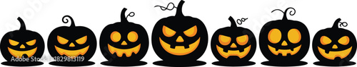 A horizontal row of seven black Halloween jack o lanterns with glowing orange faces ready for celebration